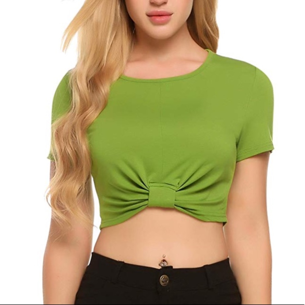Cute Green Knotted Tie Crop Top S